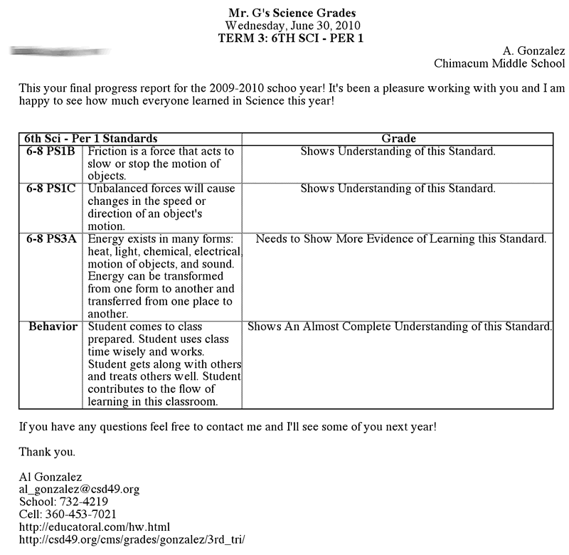 Mr. G's sample progress report for standards based reporting.