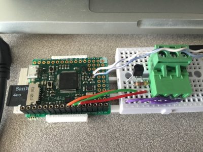 Micro Controller system with smaller breadboard and temperature sensor wires attached.